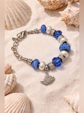 Blue Pearl Silver Bracelet with Rhinestone Boat Charm